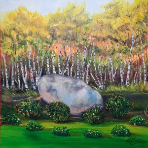 107 Big Rock with Birch trees and flower bushes